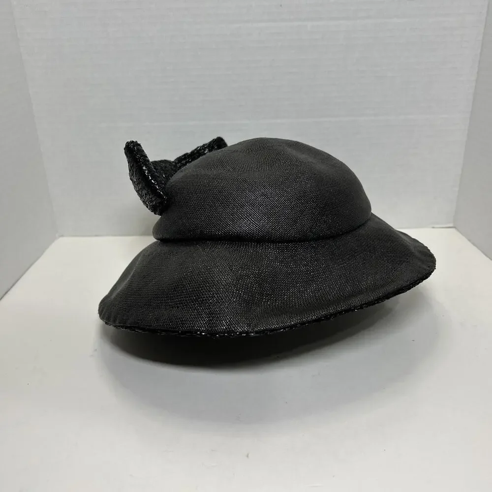 Vtg Hattie Carnegie I Magnin Co., Black Cloche Hat 1950s Woven Ratten Bow Hat